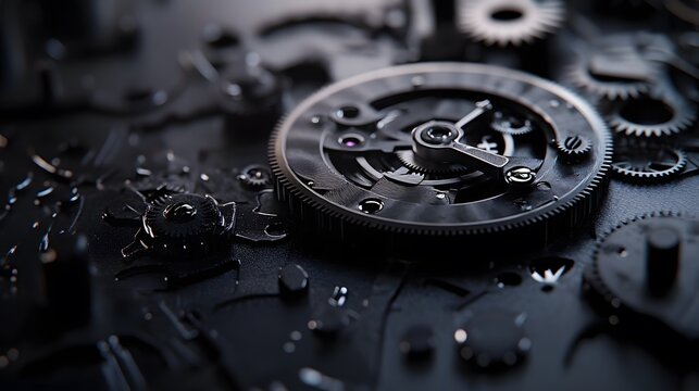Intricate dismantled mechanical watch with detailed gears and springs on dark background, symbolizing precision and complexity in teardown analysis.