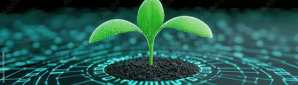 Poster Green Sprout Growing on Digital Circuit Board.