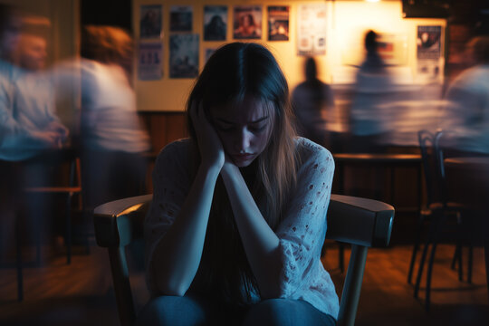 A young woman sits alone in a dimly lit cafe, her head in her hands, surrounded by blurry people in the background - Powered by Adobe