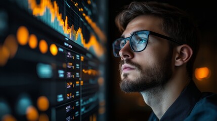Focused Professional Man Analyzing Data on Large Digital Screen in Modern Office