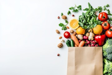 Brown paper bag with fresh produce spilling out on a white background.