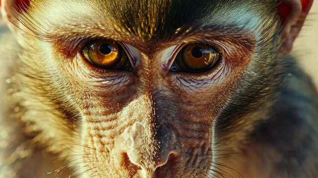 A monkey stares intensely into the camera, its brown eyes gleaming with intelligence