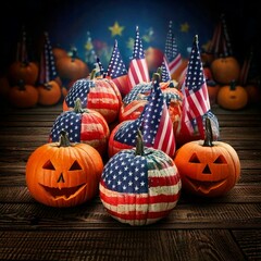 Halloween pumpkins with some of the pumpkins covered in American flag motives.  