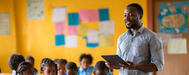 Man teaching an elementary school class using a digital tablet, Generative AI