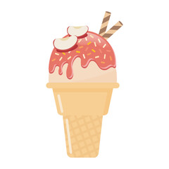 Apple ice cream cone with wafer rolls vector illustration. Fresh fruit and sweet dessert.