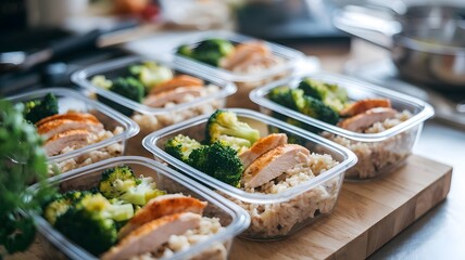 healthy meal prep containers filled with chicken, broccoli, and brown rice