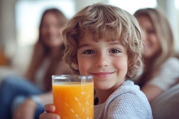 Young boy drinking his fruit juice in front of his parents, Generative AI
