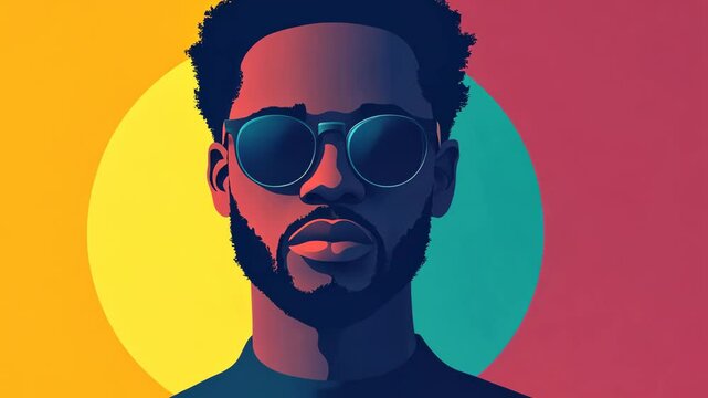 A man with a beard wears sunglasses against a colorful background