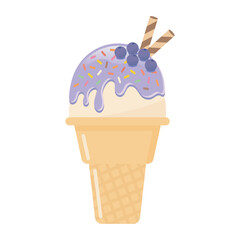Blueberry ice cream cone with wafer rolls vector illustration. Fresh fruit and sweet dessert.