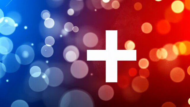 A white cross is shown in the center of the image, with a blue and red blurred bokeh background