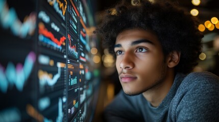 Obraz premium Professional Finance Specialist Concentrating on Complex Stock Charts and Data Visualizations in High Tech Trading Workspace