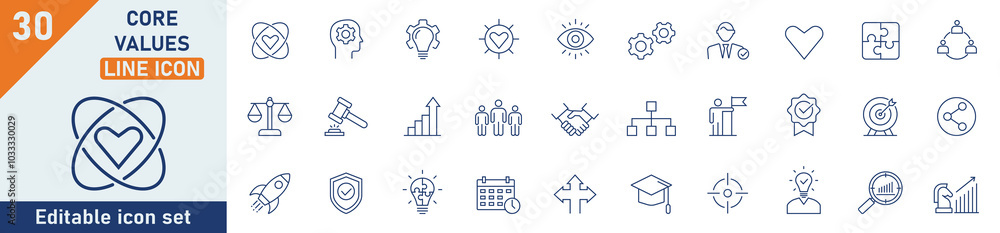 Poster core values line icon set. set of 30 outline icons related to core values, integrity, innovation, gr