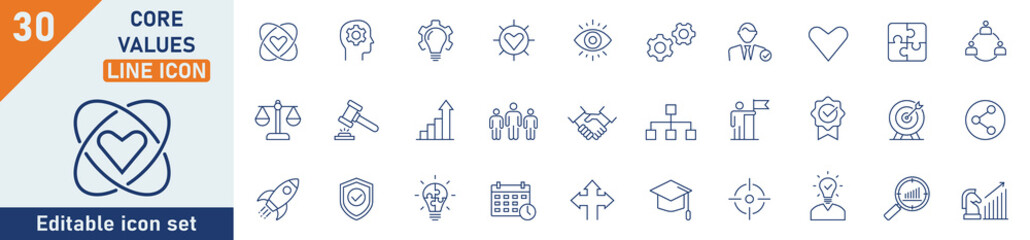 Core Values line icon set. Set of 30 outline icons related to core values, integrity, innovation, growth, goal, trust, teamwork, customers, ethics, motivation, vision and others. Vector illustration.