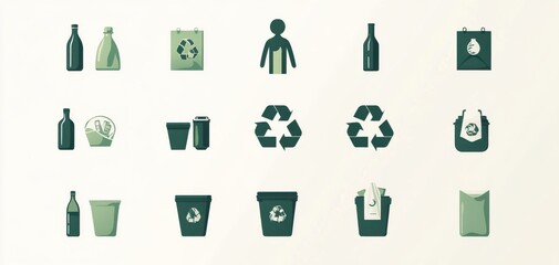 Array of green recycling icons with bottles, containers and recycling symbols promoting sustainability and eco-friendly practices
