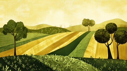Sunlit Farmland with Rolling Hills Illustration
