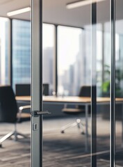 Modern Office Door with Glass Wall and City View
