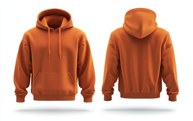 Blank orange hoodie mockup, front and back view, 3d rendering white background 