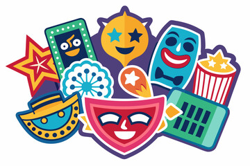Obraz premium Colorful theatrical sticker collection featuring masks, stars, and popcorn for creative design