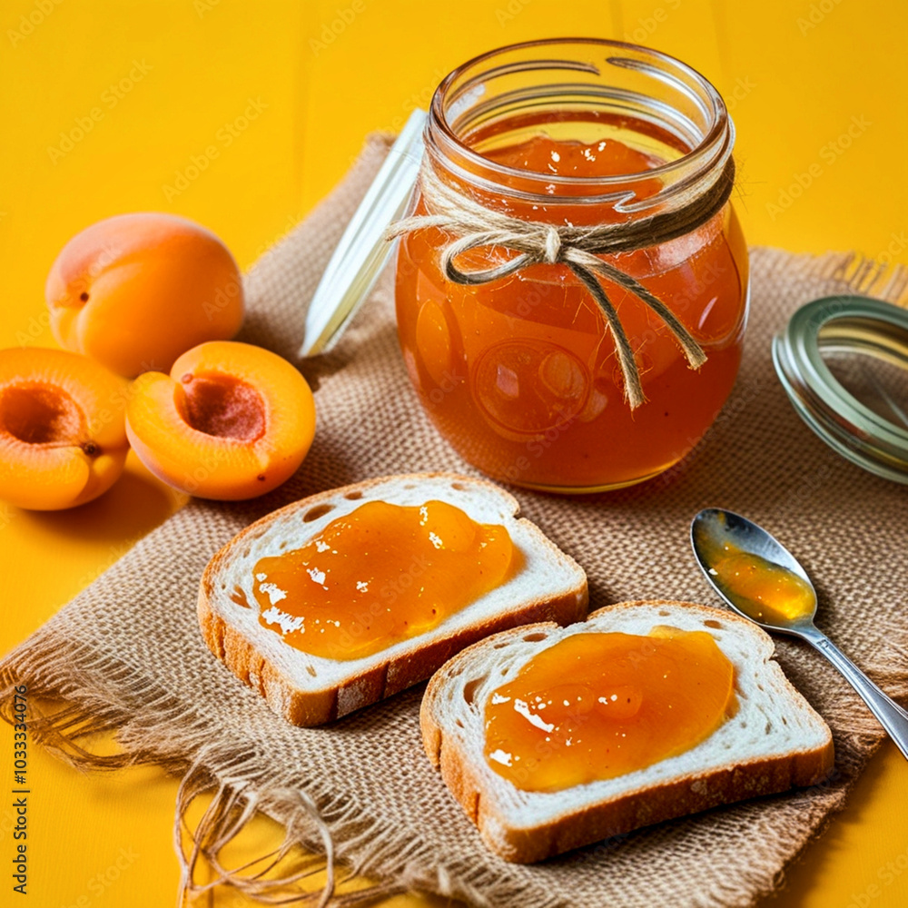 Poster a glass jar filled with apricot jam with slices of bread spread with apricot jam on a yellow backgro