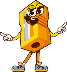 Groovy sharpener school character. Child study accessory or art stationery childish cartoon mascot, student or school supplies cheerful vintage groovy vector character. Pen sharpener comical personage