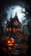 scary halloween wallpaper, pumpkin, witch, devil, skeleton, haunted house