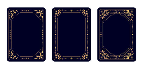 Magic esoteric Tarot cards frames for decks covers design with celestial symbols, vector backgrounds. Tarot cards frames or reverse decks with esoteric magic sun and stars and golden floral ornament