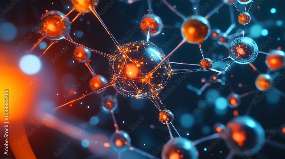 Poster abstract 3d rendering of a molecular structure with orange and blue spheres