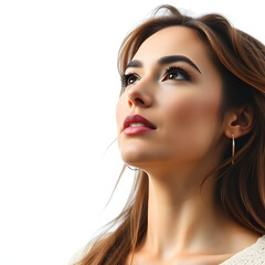 Half face of young woman looking up at copy space