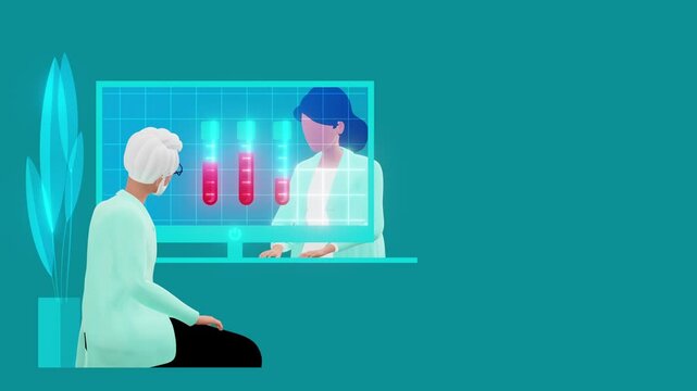 Checking blood work. Family doctor checking medical history of elderly man, primary care physician, annual check-up, outpatient clinic. 3d animation, highlights, birch colour. Faceless.