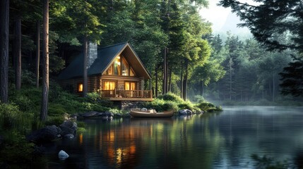 Fototapeta premium Cozy Cabin by Serene Lake Surrounded by Trees