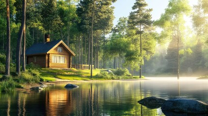 Fototapeta premium Tranquil Cabin by Serene Lake in Lush Forest Setting