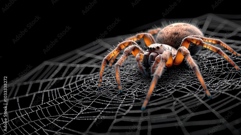 Poster close up of spider on web with dew drops macro photography