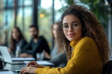 Female office worker  sitting in board room, generative ai