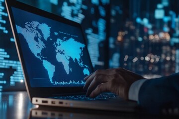 Businessman use laptop with virtual world economic growth chart.