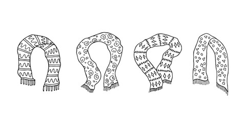 Knitted scarf doodle set Hand drawn winter accessories Single design element for card, print, design, decor