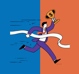 Businessman Winning Race with Trophy – Success and Achievement Concept