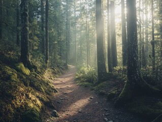 Obraz premium Forest trail sunlight, serene woodland path, nature morning light, peaceful forest scene, tranquil hiking trail