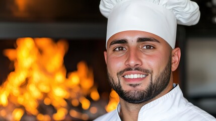 Smiling Chef In Kitchen With Fire In Background