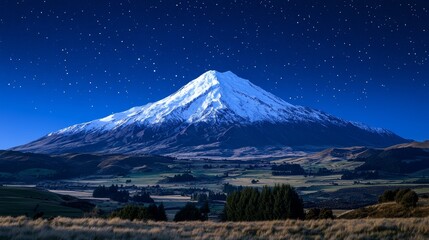 Snowy mountain under a starry night sky with lush green landscape