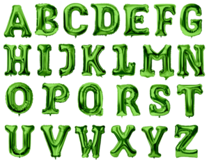 Set of foil green birthday ballons with letters from alphabet