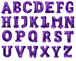 Set of foil purple birthday ballons with letters from alphabet