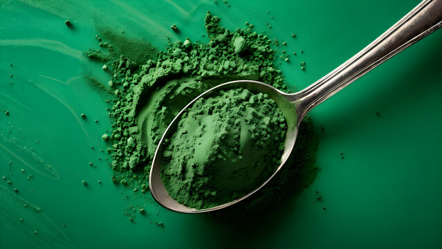 A single tablespoon of Spirulina powder on a flat surface, shot from a side angle to emphasize depth