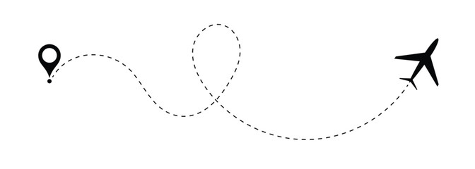 flight path of the aircraft from the point of location along the dotted line, Airplane line path vector travel line. plane travelling from start point to end point with dotted line