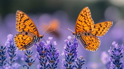 Obraz premium Two orange butterflies perched on lavender flowers in a vibrant natural setting.