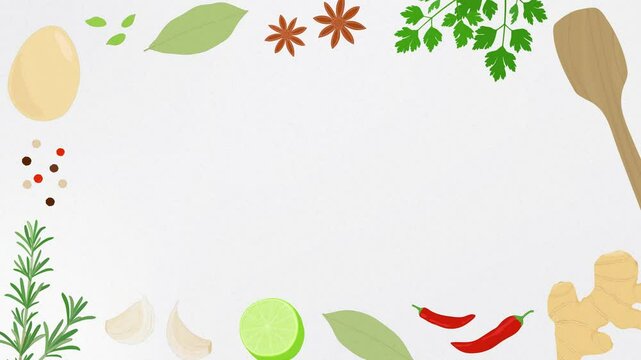 Frame of cooking spices and herbs. Rosemary, parsley, garlic, ginger, chili pepper, bay leaf, peppercorn, lime, star anise. Hand drawn illustration. Copy space.
