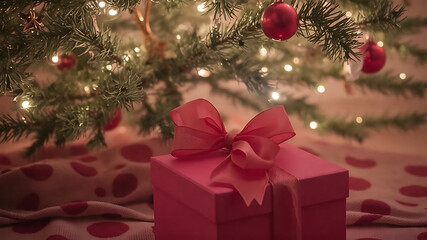 beautifully wrapped gift box under festive Christmas tree