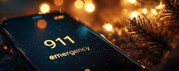 Closeup of smartphone dialing emergency number 911 with Christmas tree and lights in background. Concept of calling for help on Christmas. Shallow depth of field..