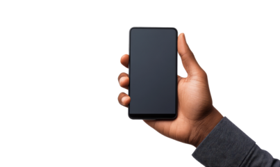 hand holding smart phone on transparent background