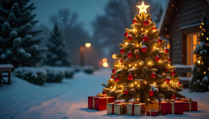 beautifully decorated Christmas tree with lights and gifts creates festive atmosphere
