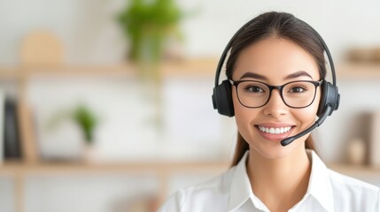 Naklejka premium A friendly customer service representative wearing a headset, ready to assist, with a bright smile and professional demeanor